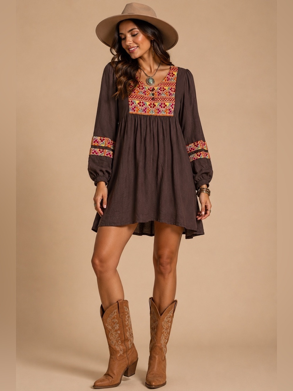 Judith March Embroidered Boho Tunic Dress Brown Gauze Long Sleeve Size M